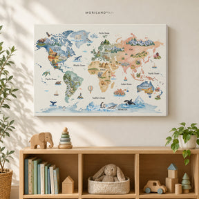 Gallery-wrapped watercolor world map canvas for kids above a light wood playroom shelf with toys, books, and plants.