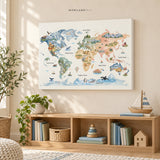 Side view of a gallery-wrapped watercolor world map canvas with animals, landmarks, continents, and oceans in a warm kids’ room.