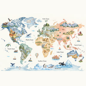 Watercolor kids world map print with animals, landmarks, continent and ocean labels in soft muted colors