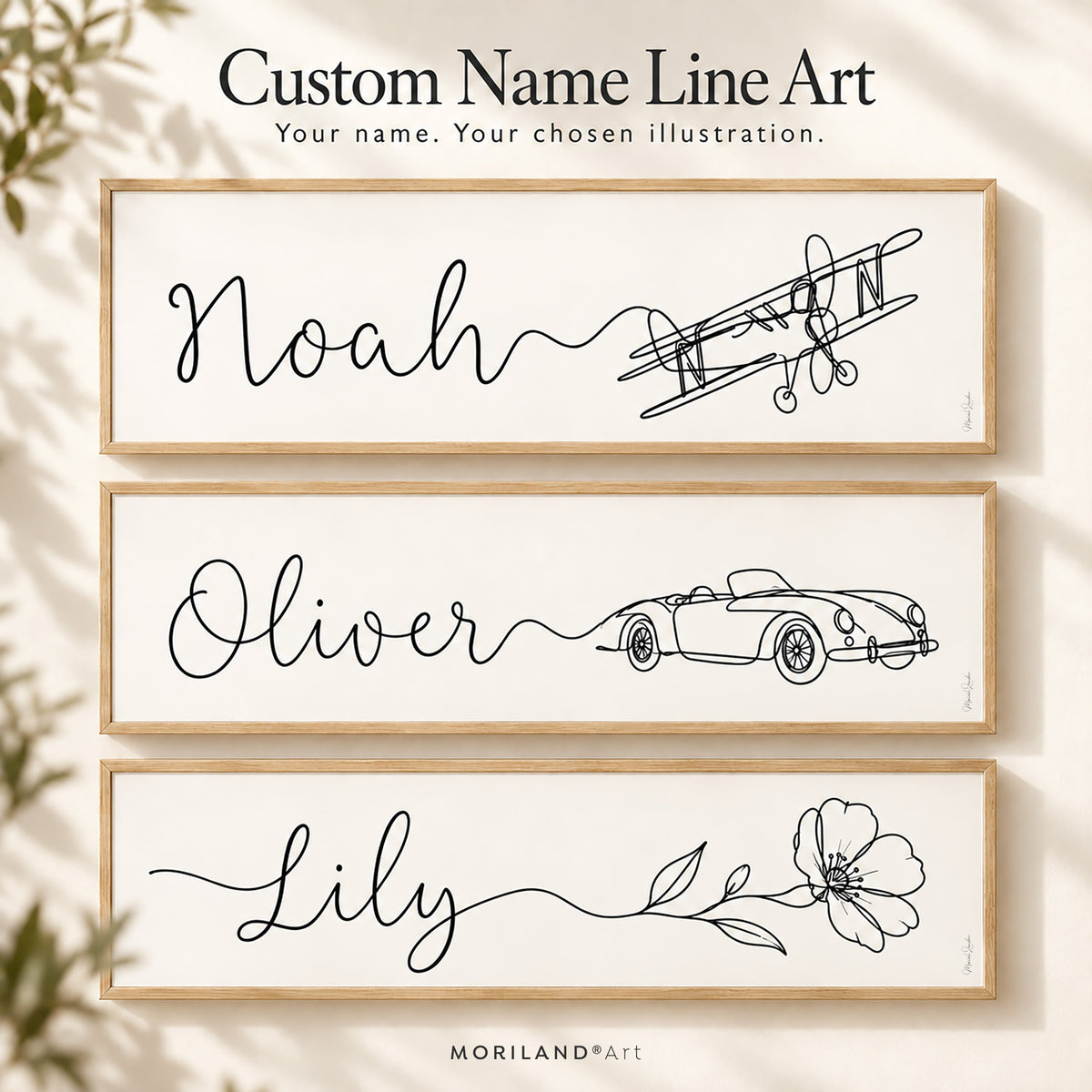 Personalized name line art with airplane, classic car and flower illustrations in three wooden frames by MORILAND.