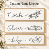 Personalized name line art with airplane, classic car and flower illustrations in three wooden frames by MORILAND.