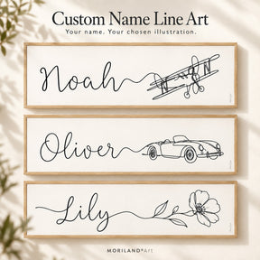 Personalized name line art with airplane, classic car and flower illustrations in three wooden frames by MORILAND.