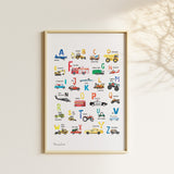 Watercolor vehicle alphabet poster displayed with matching transportation prints in a neutral children’s bedroom.

