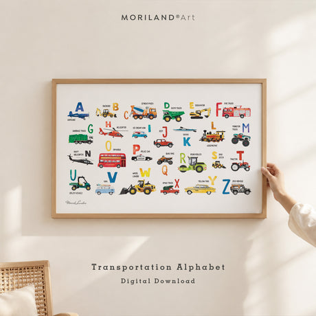 Printable transportation alphabet poster with colorful illustrated vehicles in a natural wood frame