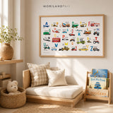 Transportation alphabet print displayed in a cozy kids’ reading corner