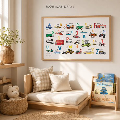 Transportation alphabet print displayed in a cozy kids’ reading corner