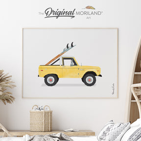 Muted Yellow Vintage Ford Bronco Truck with Surfboards Fine Art Paper Print