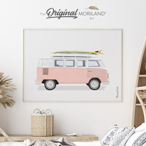Pink VW Van Bus Camper with Surfboard Fine Art Paper Print