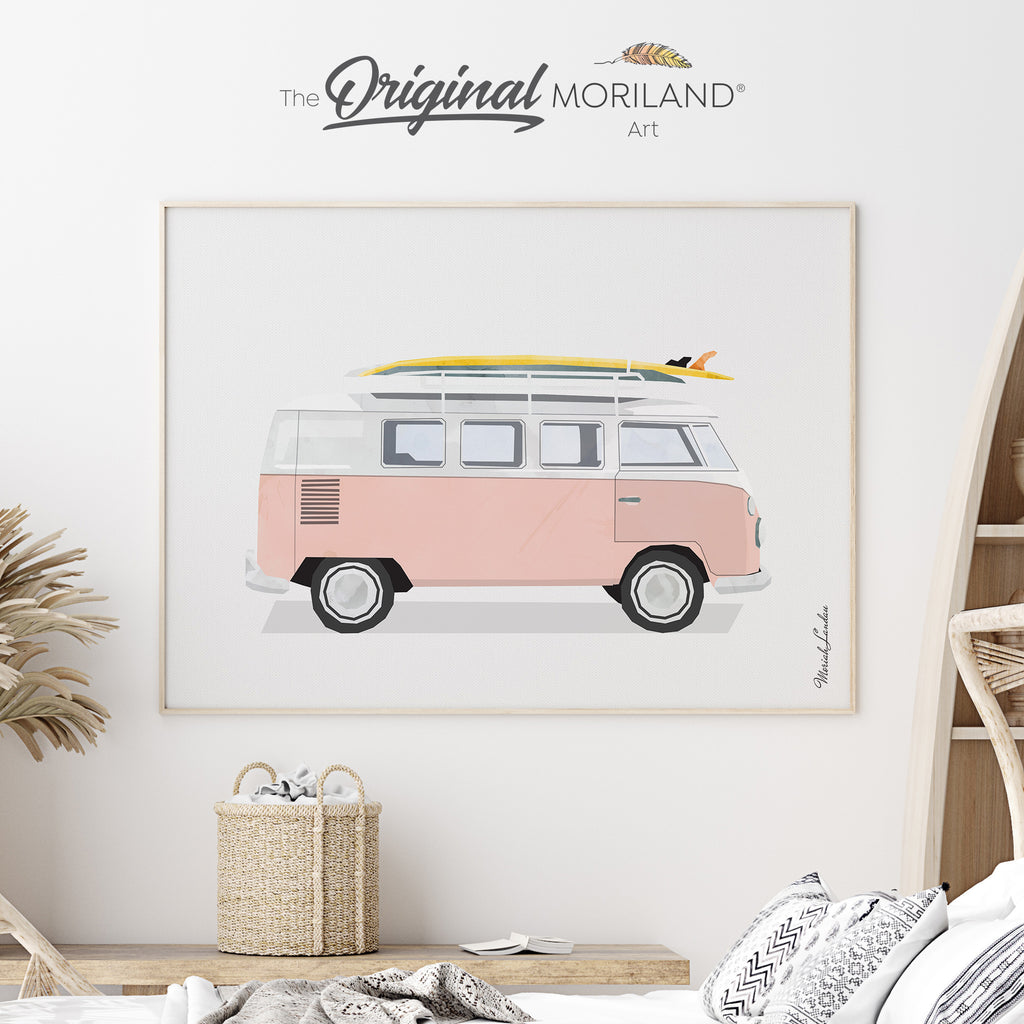 Pink VW Van Bus Camper with Surfboard Fine Art Paper Print