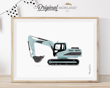 Printable art featuring a pale blue excavator illustration, designed for a boy's nursery or big boy room. The simple and playful design showcases a light blue construction vehicle on a soft background, perfect for adding a whimsical touch to a child's space.