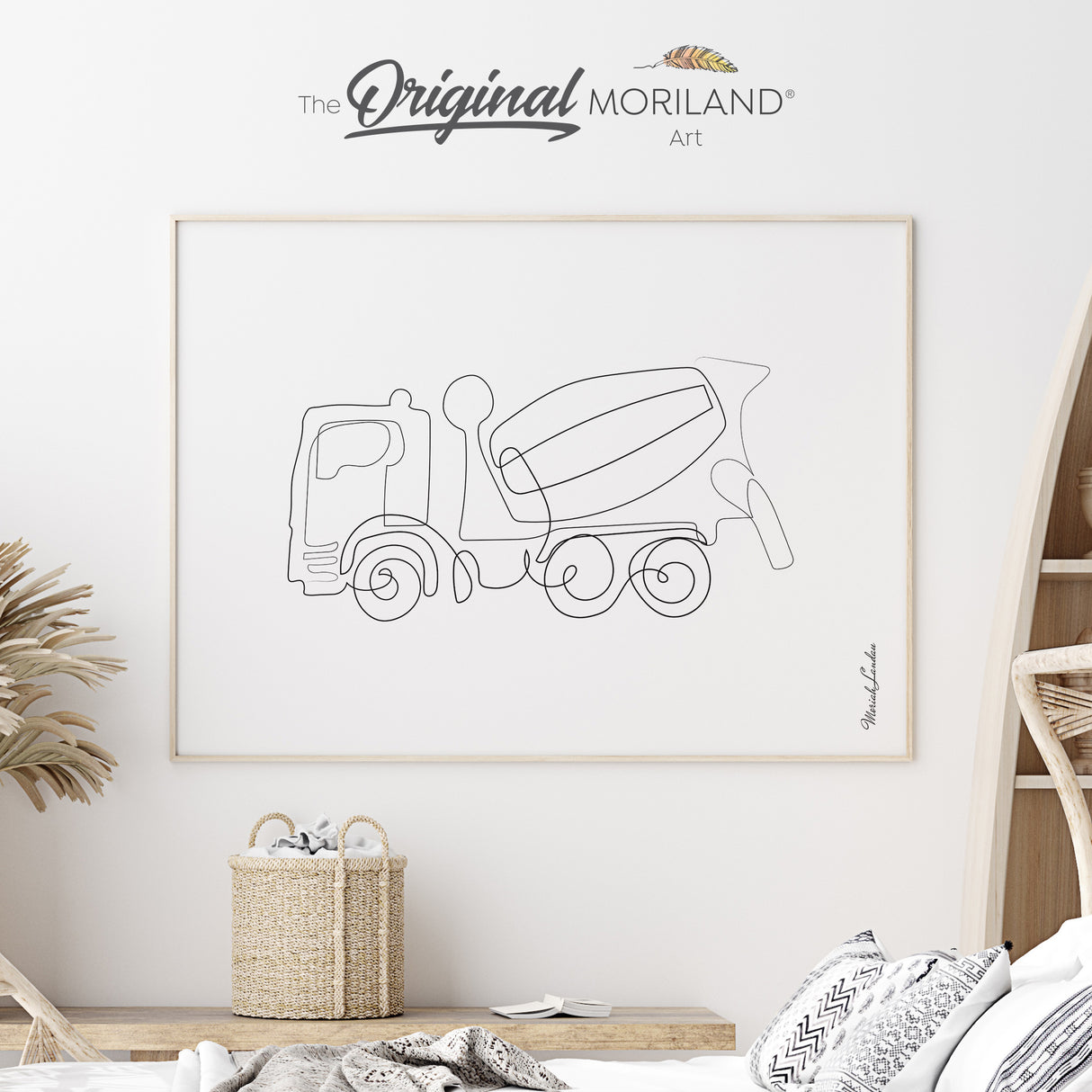 Continuous one-line drawing of a cement mixer truck in black ink on a white fine art paper texture.
