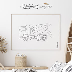 Continuous one-line drawing of a cement mixer truck in black ink on a white fine art paper texture.