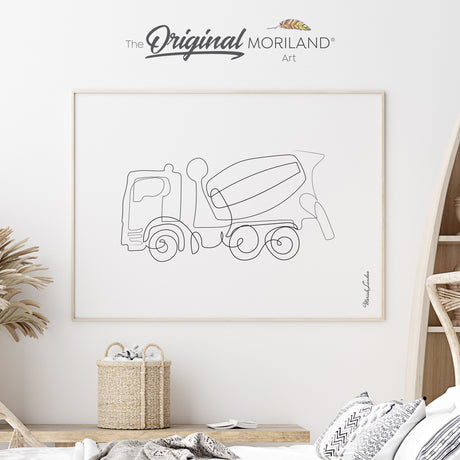 Continuous one-line drawing of a cement mixer truck in black ink on a white fine art paper texture.