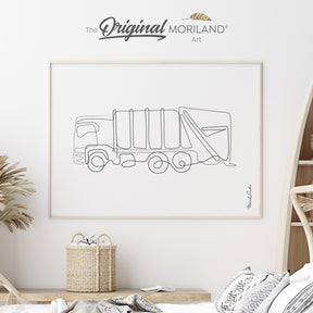Minimalist black one-line drawing of a garbage truck on a white fine art paper background.