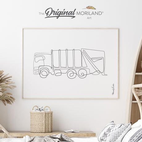 Minimalist black one-line drawing of a garbage truck on a white fine art paper background.