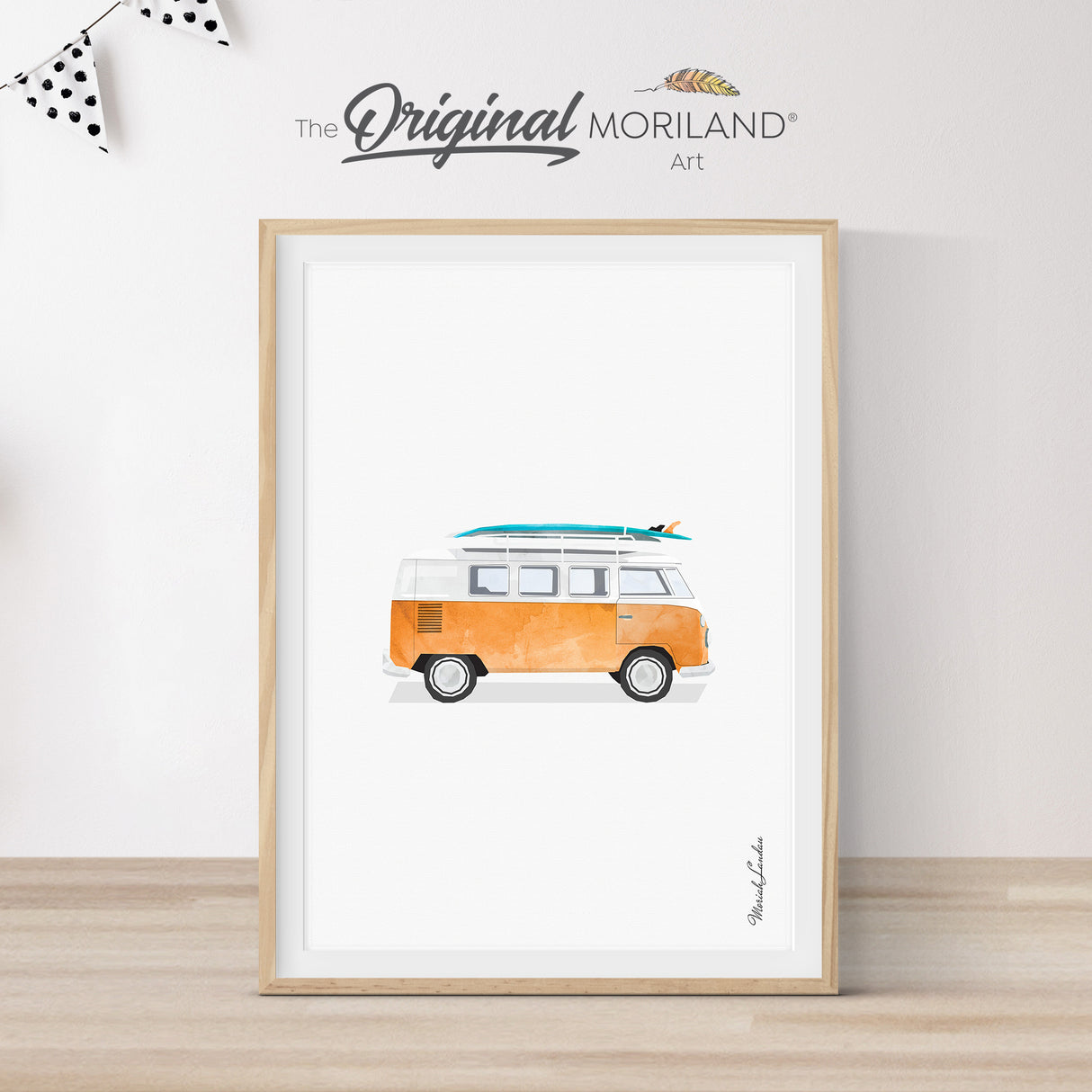 Orange VW Van Bus Camper with Surfboards Print | Vertical - Printable Art