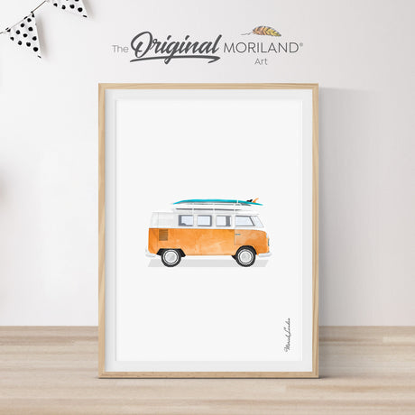 Orange VW Van Bus Camper with Surfboards Print | Vertical - Printable Art