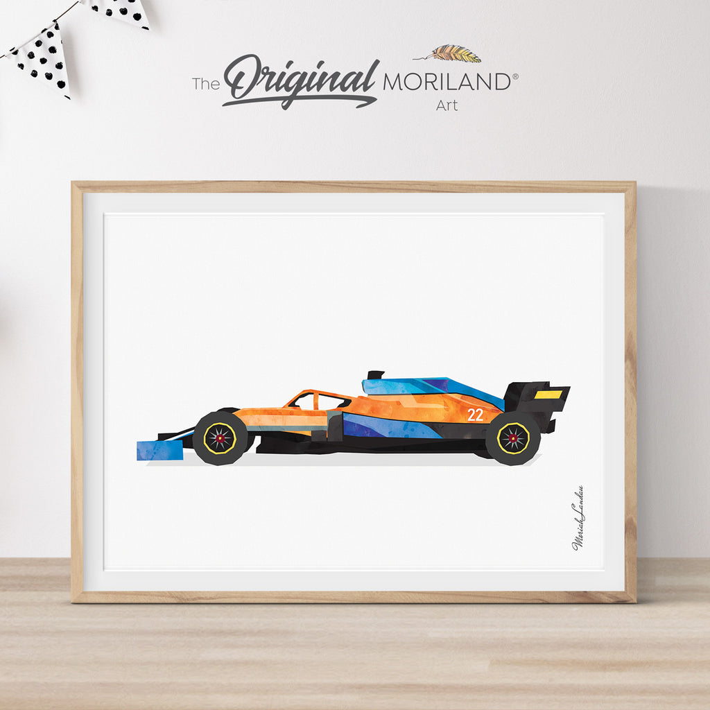 Orange-Blue Racing Car Printable, Formula One Car, Race Car Print, Transportation Wall Art, McLaren, Car Poster, Boys Room Decor, Boy Bedroom Art, Toddler Print | MORILAND®
