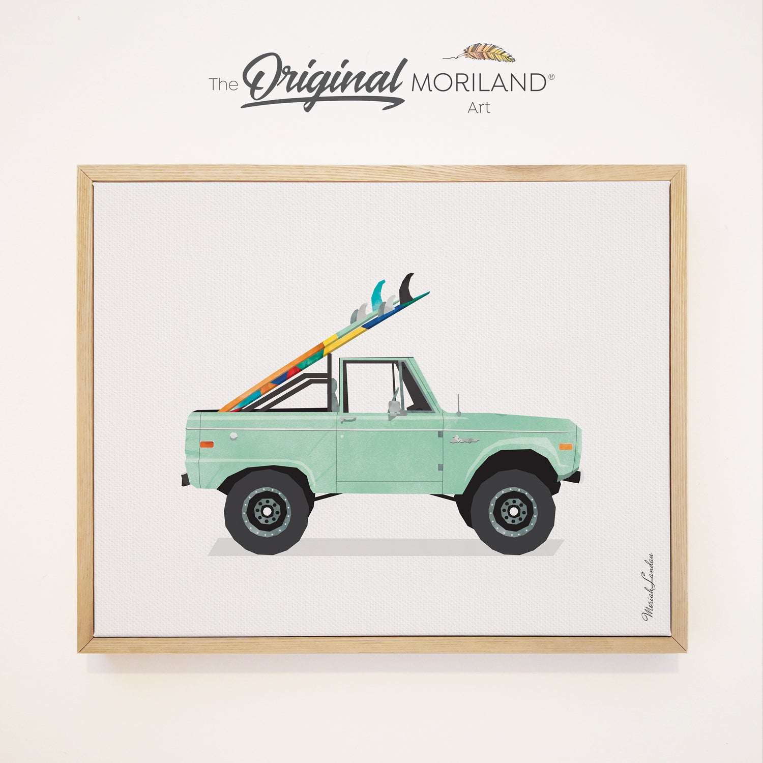 Retro Mint Green Surf Truck Framed Canvas Print - Coastal Beach House Wall Art