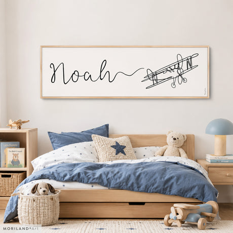 Custom Name One Line Drawing with Airplane - Framed Canvas Print