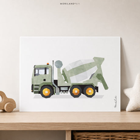 Sage Green Concrete Mixer Truck Fine Art Paper Print for Boys Room