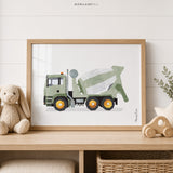 Sage green concrete mixer truck fine art paper print for boys room construction nursery decor