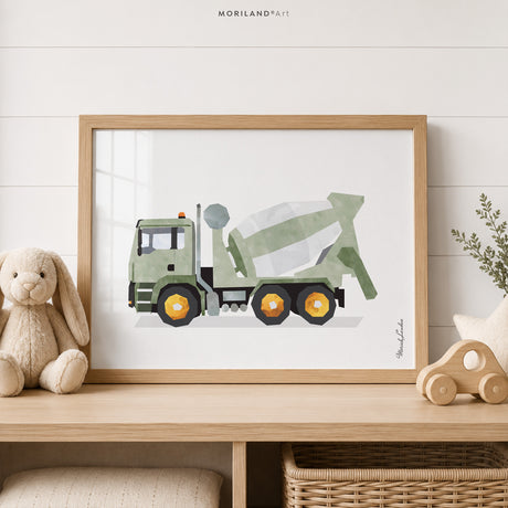 Sage green concrete mixer truck fine art paper print for boys room construction nursery decor