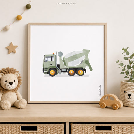 Sage Green Concrete Mixer Truck Fine Art Paper Print for Boys Room