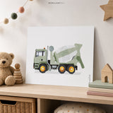 Sage Green Concrete Mixer Truck Fine Art Paper Print for Boys Room