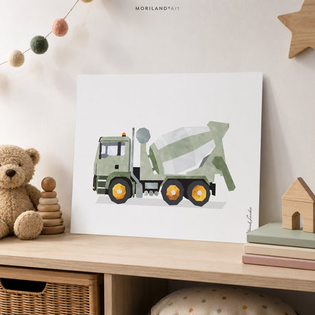 Sage Green Concrete Mixer Truck Fine Art Paper Print for Boys Room