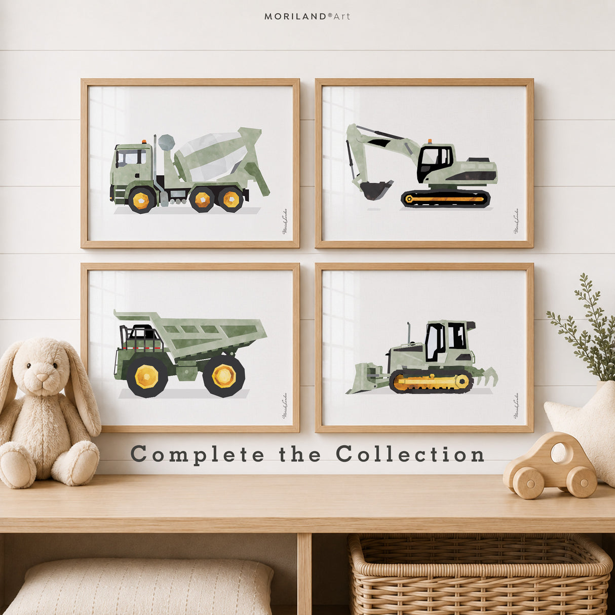 Sage Green Excavator Fine Art Paper Print for Construction Boys Room