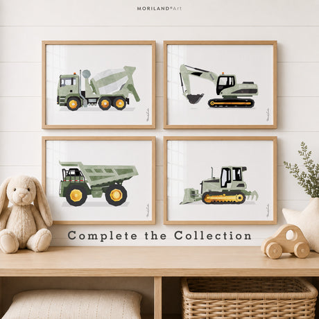 Sage Green Bulldozer Fine Art Paper Print for Boys Room Decor