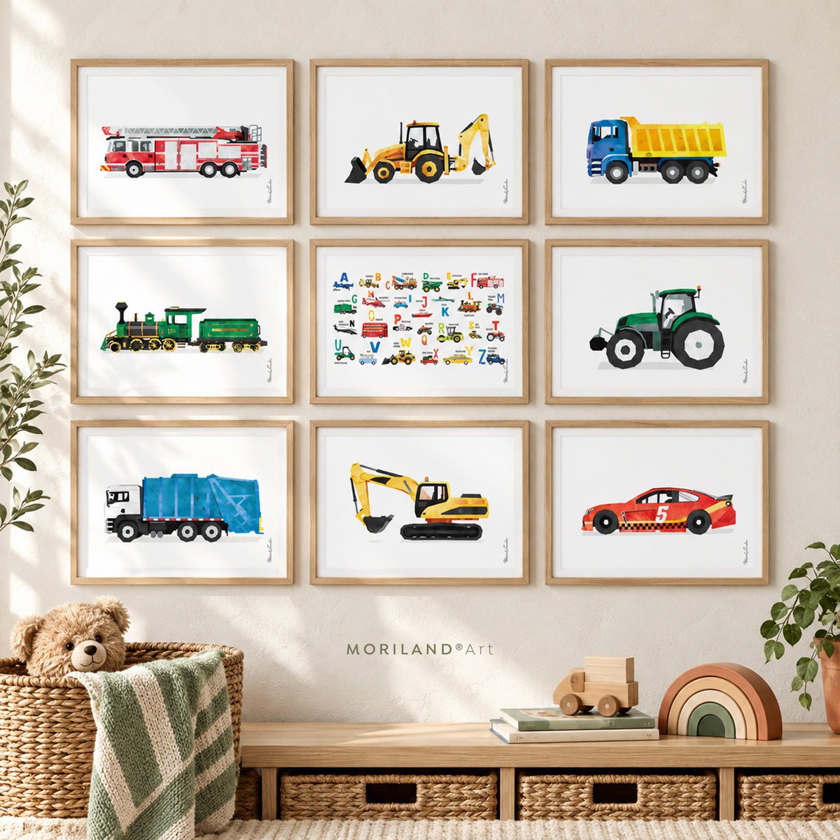 Nine framed MORILAND watercolor vehicle prints featuring a fire truck, backhoe, dump truck, train, tractor, garbage truck, excavator, race car and vehicle ABC art in a modern kids’ playroom.