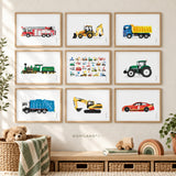 Nine framed MORILAND watercolor vehicle prints featuring a fire truck, backhoe, dump truck, train, tractor, garbage truck, excavator, race car and vehicle ABC art in a modern kids’ playroom.
