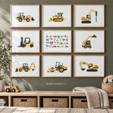 Nine framed MORILAND construction vehicle watercolor prints featuring loaders, bulldozer, drill rig, forklift, backhoe, road roller, excavator and vehicle ABC art in a modern kids’ playroom.