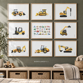 Nine framed MORILAND construction vehicle watercolor prints featuring loaders, bulldozer, drill rig, forklift, backhoe, road roller, excavator and vehicle ABC art in a modern kids’ playroom.
