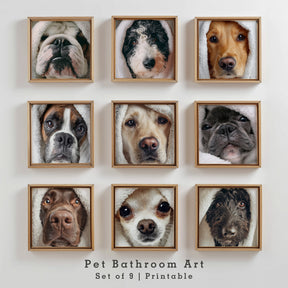 Printable set of 9 funny dog bathroom portraits featuring pets in bathtubs and toilets — cute digital art for bathroom wall décor and pet lovers