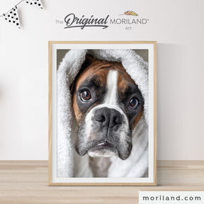 Funny boxer dog sitting in a bathtub with a towel on his head, humorous printable wall art for bathroom décor, digital download illustration by MORILAND.