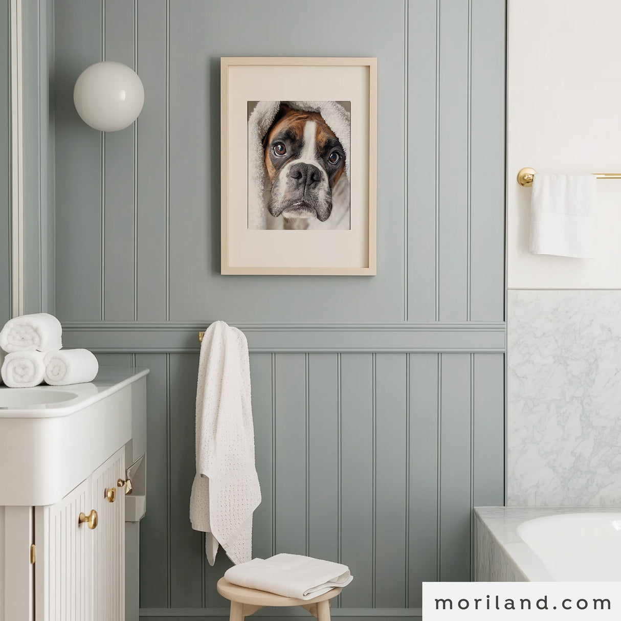 Funny boxer dog sitting in a bathtub with a towel on his head, humorous printable wall art for bathroom décor, digital download illustration by MORILAND.