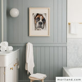 Funny boxer dog sitting in a bathtub with a towel on his head, humorous printable wall art for bathroom décor, digital download illustration by MORILAND.