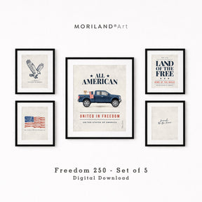 A curated set of 5 patriotic art prints displayed in various frames on a cream wall, featuring a bald eagle and classic blue truck.