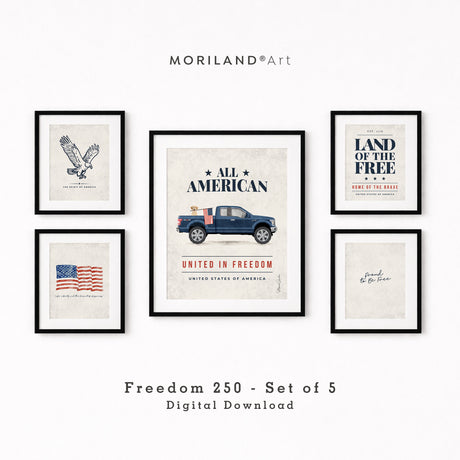 A curated set of 5 patriotic art prints displayed in various frames on a cream wall, featuring a bald eagle and classic blue truck.