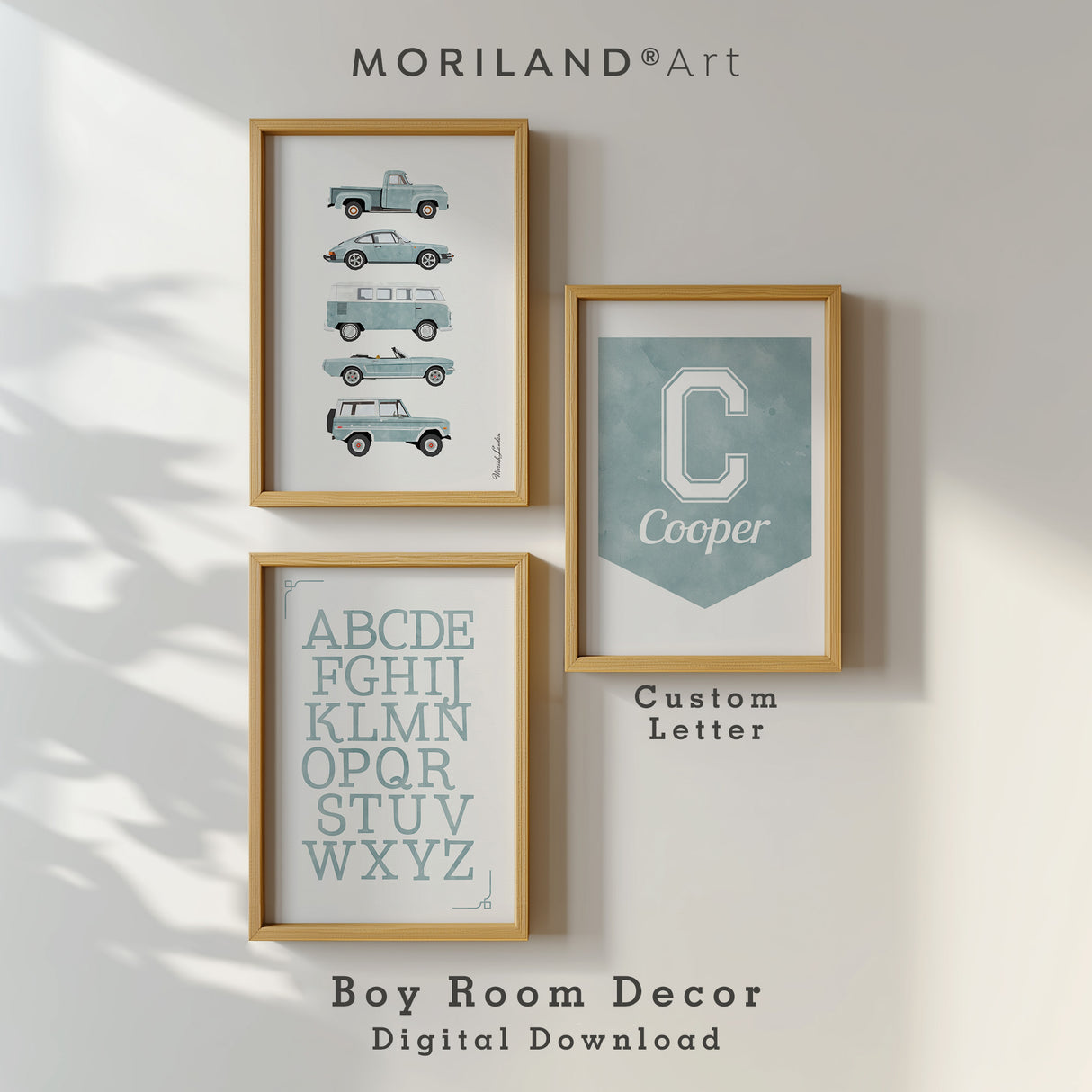 Printable boy room wall art set featuring vintage cars, alphabet print, and personalized name design