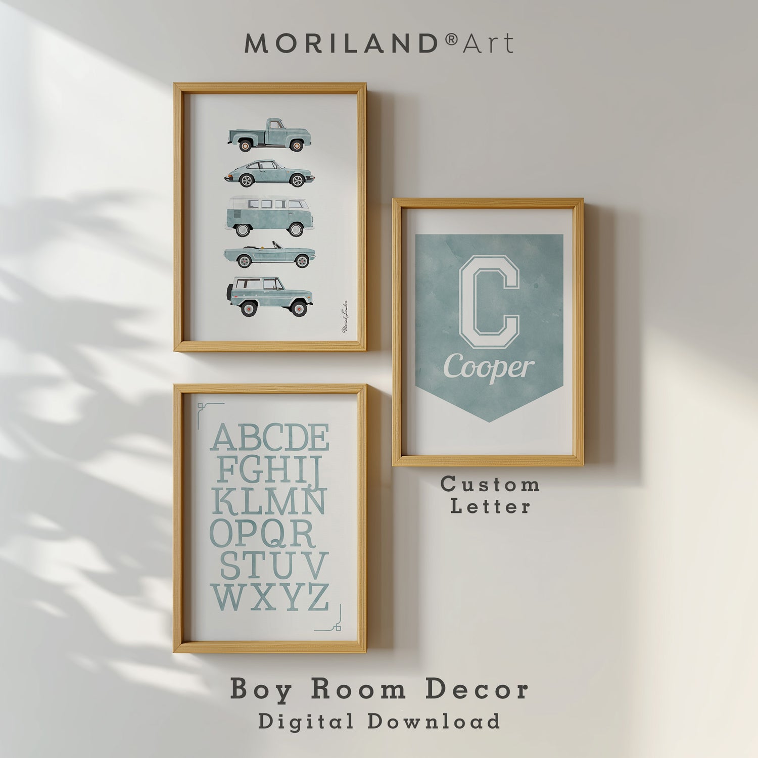 Printable boy room wall art set featuring vintage cars, alphabet print, and personalized name design