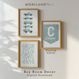 Printable boy room wall art set featuring vintage cars, alphabet print, and personalized name design