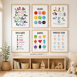 Back to school educational poster set for kids with alphabet, colors, numbers, shapes, days and months