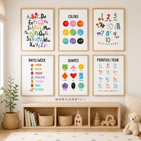Back to school educational poster set for kids with alphabet, colors, numbers, shapes, days and months