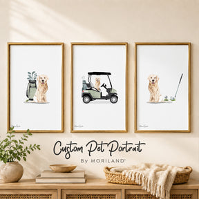 Three framed custom dog golf portraits showing a golden retriever beside a golf club, riding in a golf cart, and sitting next to a golf bag, displayed above a black nursery dresser with “Custom Pet Portrait” text.