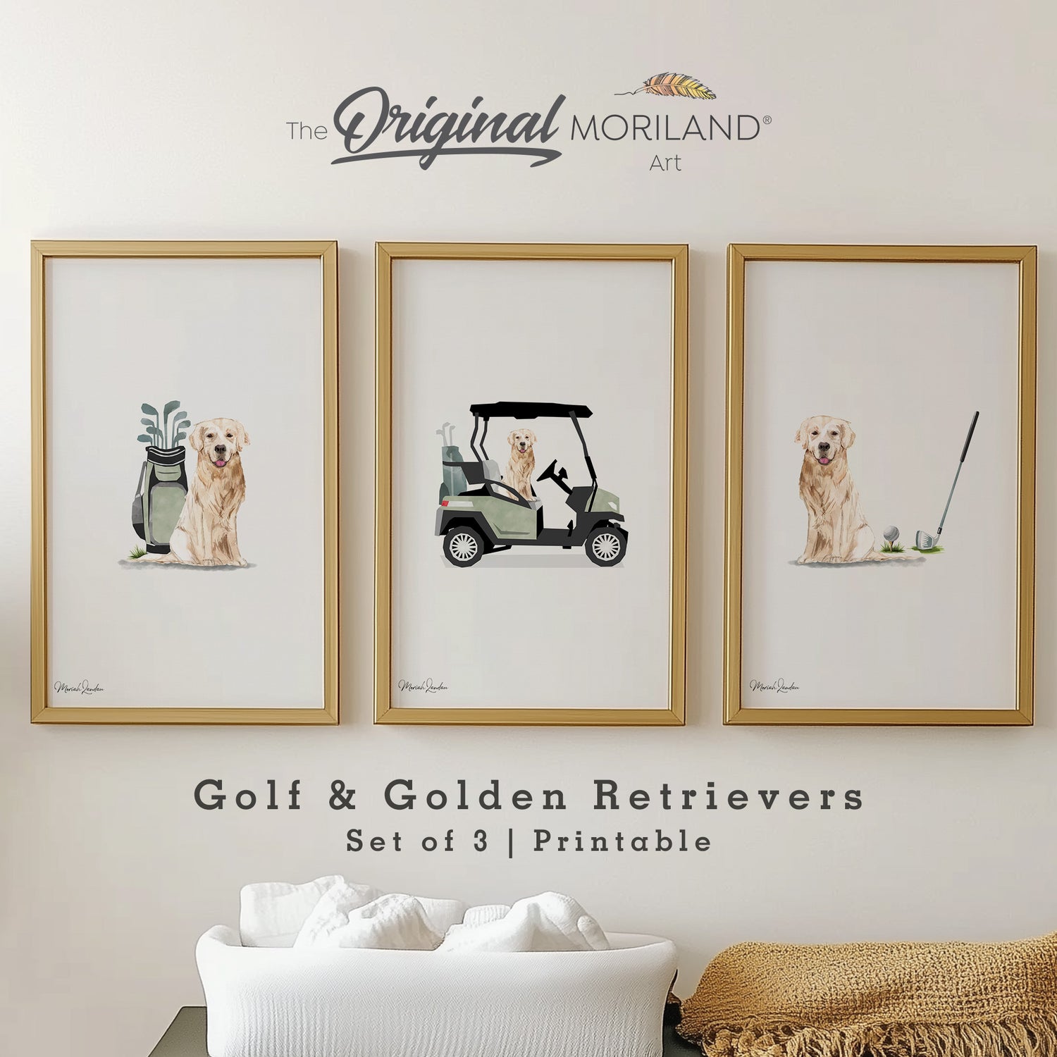 Sage green wall art set featuring golf and golden retriever illustrations, printable nursery decor in set of 3