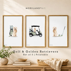 Set of 3 golf and Golden Retriever printable wall art featuring a dog with golf bag, golf cart and golf clubs in green neutral decor.